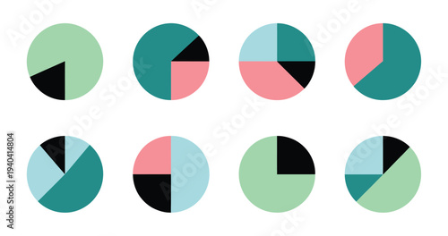 Pie Chart Infographics, colorful vector illustrations of circle diagrams, business statistics, process cycles, and data visualization elements for reports
