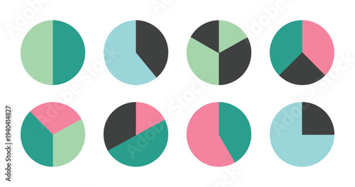 Pie Chart Infographics, colorful vector illustrations of circle diagrams, business statistics, process cycles, and data visualization elements for reports