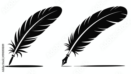 Black, feather quill silhouettes on white background, vintage writing tool icons, classic literature and calligraphy concept, elegant pen design, editable vector illustration.
