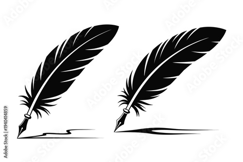 Black, feather quill silhouette set on white background, historical writing instrument symbols, literary creativity and manuscript design, simple clean vector illustration.