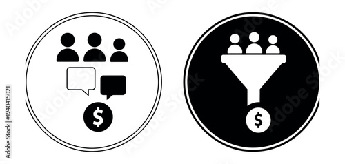 Sales Funnel and Audience Conversion Icon Vector Set Showing Customer Group to Revenue Process in Black and White Circular Style