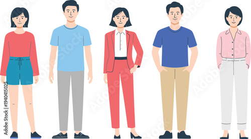 Stylish people standing together in diverse clothing styles representing fashion trends, individuality, lifestyle diversity, and character design vector illustration