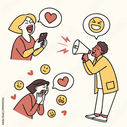 Vector illustration of social media influencers and followers with heart and emoji reactions