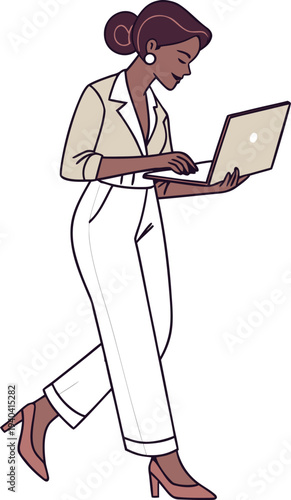 Vector illustration of a businesswoman walking with a laptop