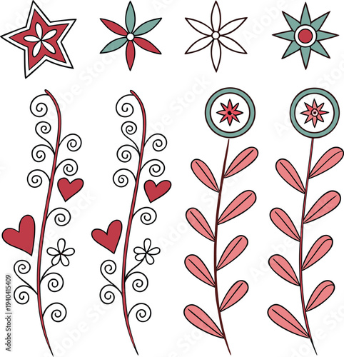 Set of 8 floral icons vector, heart and flower designs