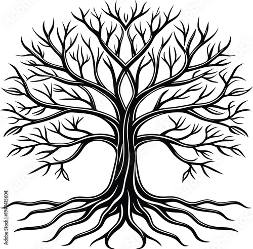 Vector bare tree illustration with roots and branches