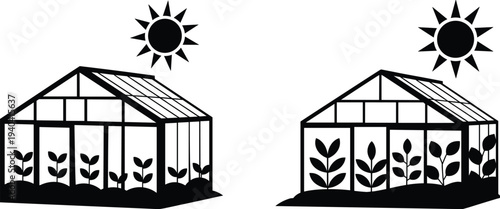 greenhouse garden silhouette set, plant nursery glass house illustration, sustainable agriculture growing plants concept, eco farming greenhouse icon
