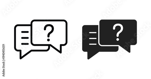 Comment Question Icons, vector illustrations in flat and stroke styles featuring speech bubbles, question marks, and text chat symbols for messaging