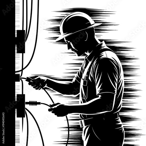 Skilled Electrical Technician Wiring Cables in Graphic Monochromatic Silhouette for Industrial Service Blogs, Workplace Safety Training, and Construction Trade Promotion