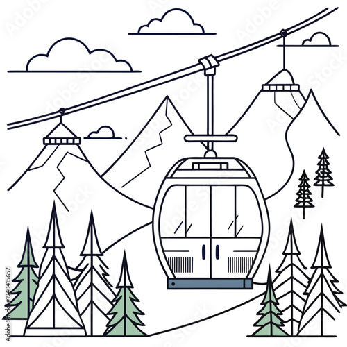 Vector illustration of a cable car in a mountainous landscape