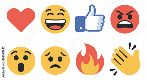 Social Media Reaction Icon Vector Set Featuring Heart, Laugh, Thumbs Up, Angry, Surprised, Sad, Fire and Clapping Emoji Symbols