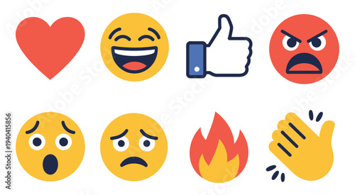 Social Media Reactions Emoji Icon Set Vector Illustration Showing Heart, Laugh, Like, Angry, Surprised, Sad, Fire and Clap Symbols
