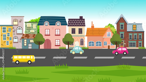 Fotografi Colorful flat illustration of a city street with houses, buildings, cars, and trees along the road