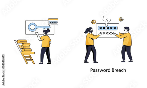 Password Security and Breach Concepts Illustrated with People and Digital Elements.