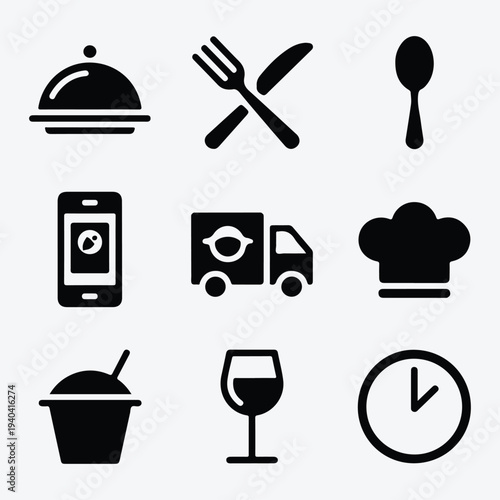 Catering restaurant service, cutlery and food delivery icons set. Food, plate, fork, knife, spoon, mobile app thin line vector illustration