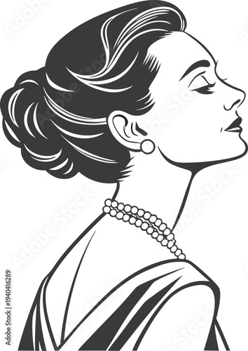Vector illustration of a woman's head in profile, black and white