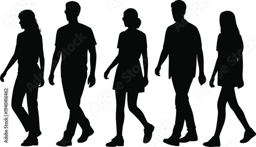 Silhouetted people walking in diverse postures and attire showing human motion, lifestyle, diversity, and everyday activity vector illustration design