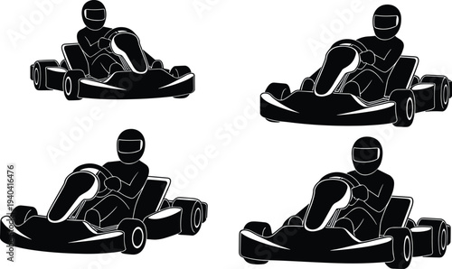 go kart racing silhouette set, kart driver speed competition illustration, motorsport racing kart icons, fast track racing vehicle