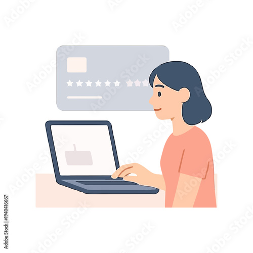 Woman Leaving 5-Star Review on Laptop – Online Feedback & Rating Illustration
