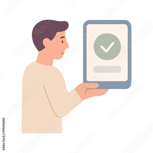 Man Holding Smartphone with Checkmark Illustration – Confirmation, Success & Digital Approval Icon for Apps, UX & E-Commerce