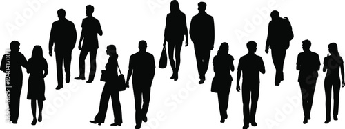 Silhouetted people walking and standing in diverse casual postures representing human motion, lifestyle, interaction, and crowd dynamics vector illustration