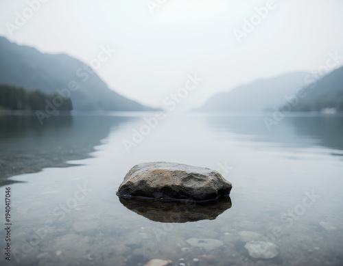 Single dark stone rests in shallow, clear water. Foggy mountains loom behind calm, reflective lake. Still surface mirrors rock and distant land. Misty atmosphere adds quiet for product display