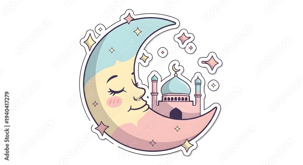 Fototapeta premium Adorable cartoon moon sleeping on a cloud with stars. Cute Islamic night illustration concept suitable for Ramadan Kareem greeting, children design, stickers, and Islamic celebration themes.