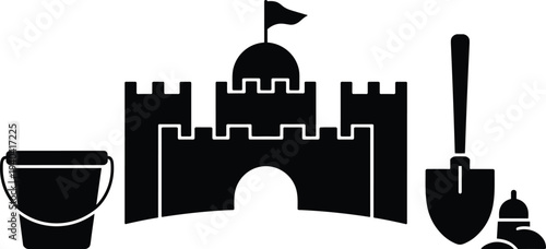 sand castle silhouette with bucket shovel toys, beach sandcastle building concept, summer vacation kids activity icon illustration