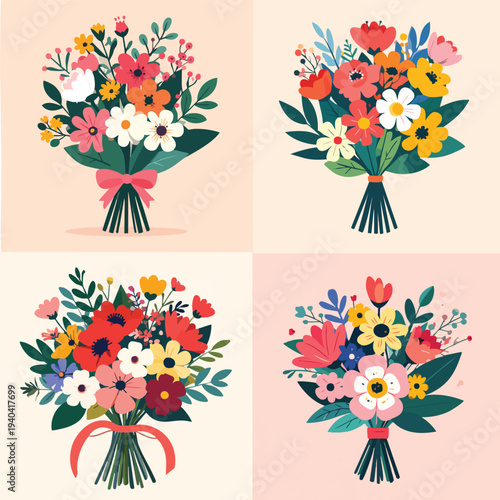 Vibrant bouquets of flowers arranged in a collage with varied colors and lush greenery on pastel backgrounds viewed from directly above