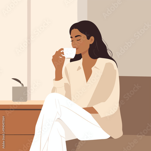 Woman Relaxing on Sofa Drinking Coffee in Modern Living Room Illustration
