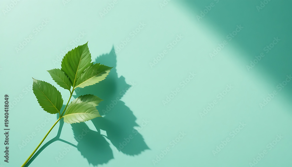 Fototapeta premium Green leaves on stem with shadow on teal background leafy branch
