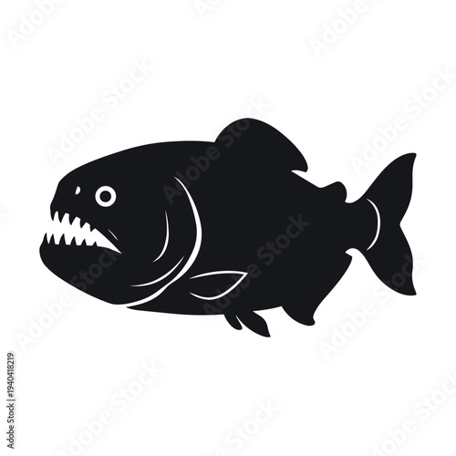 Aggressive Piranha Fish Silhouette Vector Illustration - Predatory Amazon River Fish Icon