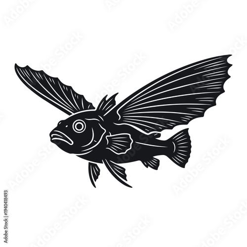 Black Flying Fish Illustration Vector - Exocoetidae Marine Life Winged Fish Icon