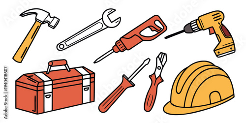 Hand drawn construction tools set including hammer, wrench, drill, toolbox, screwdriver, pliers and hard hat