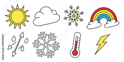 Set of weather icons including sun, cloud, snowflake, rainbow, rain, thermometer, and lightning bolt