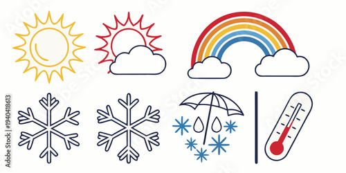 Set of weather icons including sun, clouds, rainbow, snowflakes, umbrella with rain, and thermometer