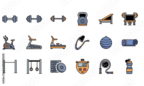 Gym workout equipment flat vector icons set including barbells, treadmills, and exercise bikes