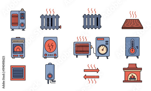 Heating equipment and radiators flat vector icons set including portable heaters and fireplaces