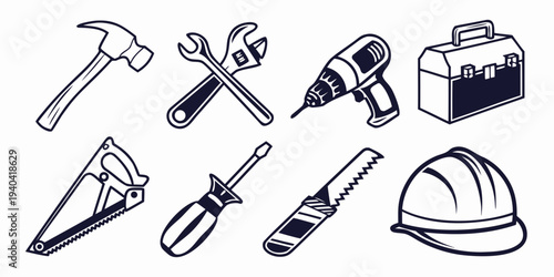 Set of construction tools icons, hand drawn vector illustration