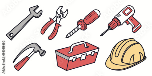 Hand drawn construction tools set including hammer wrench screwdriver drill toolbox and hard hat