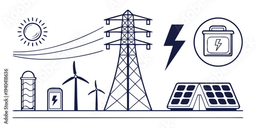 Renewable energy concept with solar panels, wind turbines, power transmission tower and battery storage