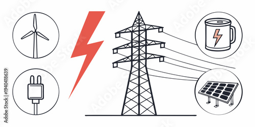 Energy sources and electricity distribution concept illustration with power tower wind turbine solar panel and battery