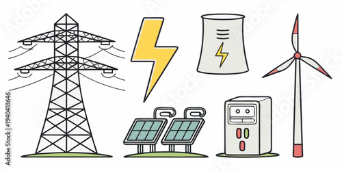 Set of energy and power generation icons including wind turbine, solar panels, electricity pylon, nuclear plant and lightning bolt