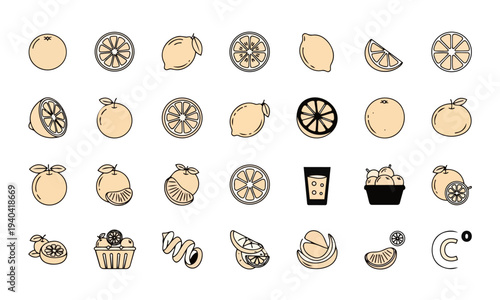 Outline citrus fruits vector icons set including oranges, lemons, and vitamin C symbol