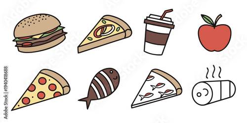 Set of hand drawn food icons including burger, pizza slices, drink cup, apple, fish, and sausage