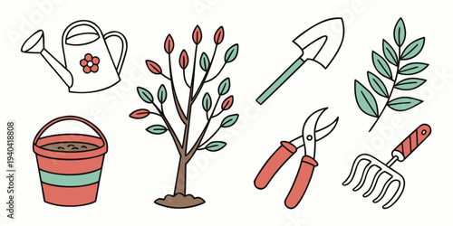Set of gardening tools and tree, hand drawn doodle illustration