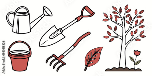 Set of gardening tools and autumn tree illustration