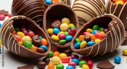 Broken chocolate Easter eggs filled with colorful candy and jelly beans