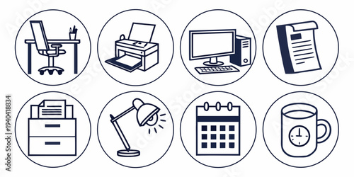 Set of office and business icons in circular frames, including computer, printer, desk, lamp, calendar, and documents