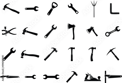black silhouettes of various hand tools on white background